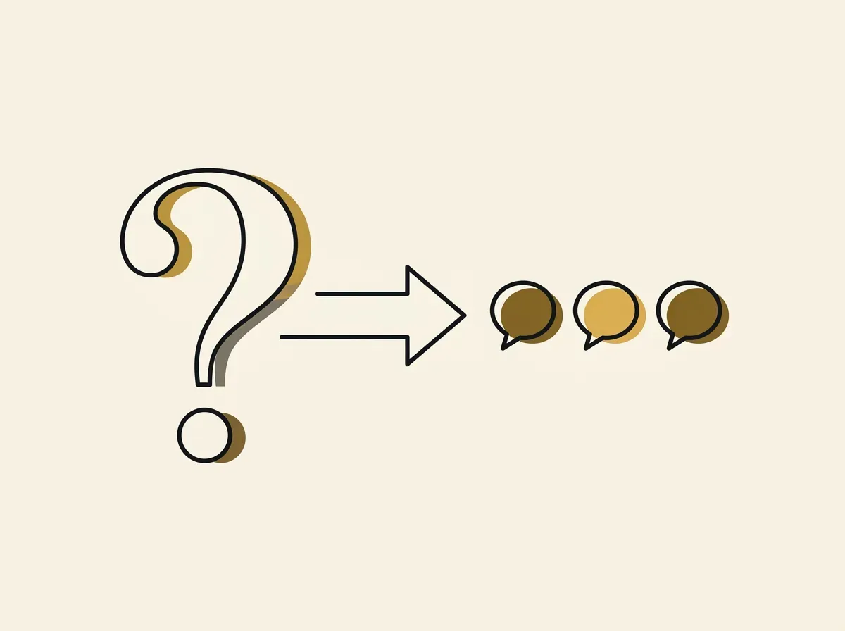 An illustration showing a question mark leading to a series of speech bubbles, representing the process of setting up a brand tracker.
