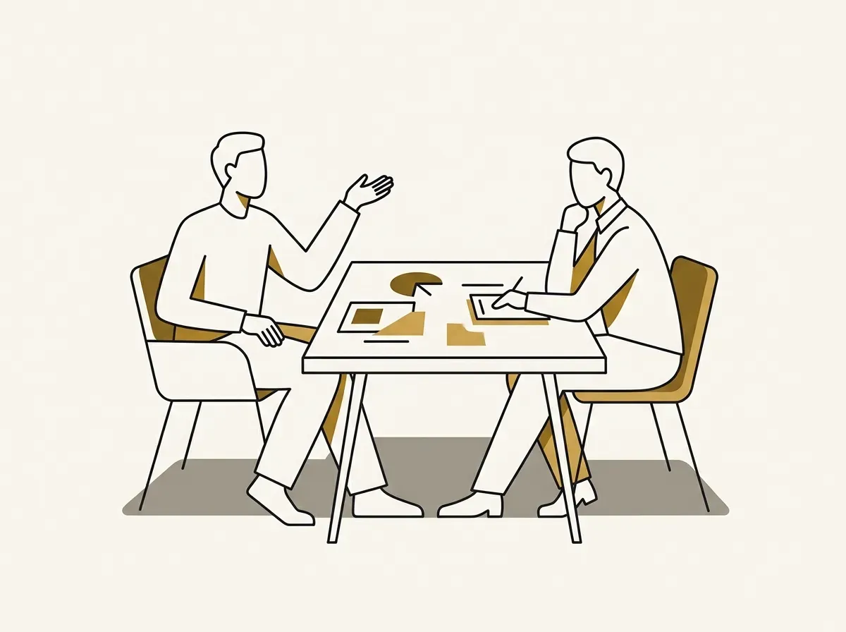 An illustration of two people having a focused conversation across a table, representing a user interview.