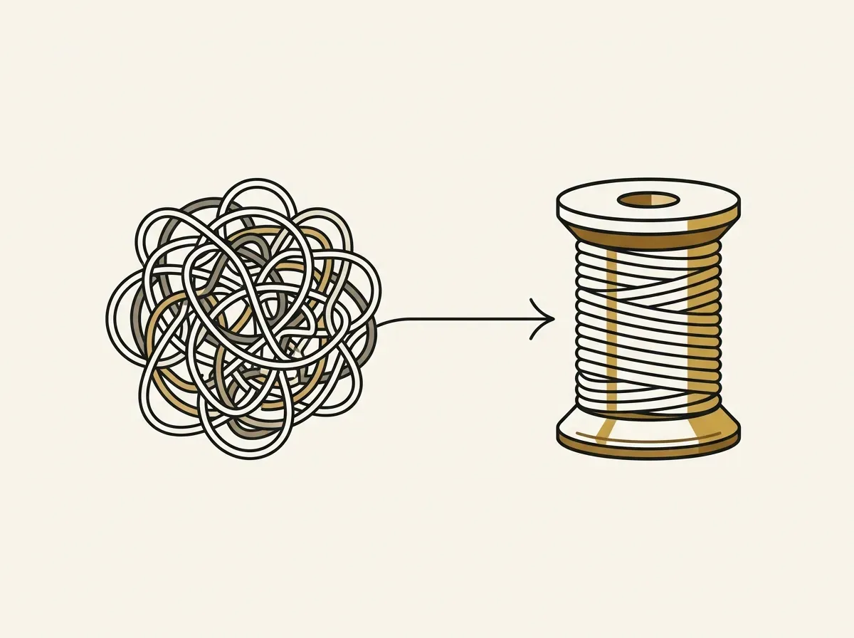 An illustration of a tangled string being unwound into a neat spool, symbolizing vague feedback being turned into clear insight.