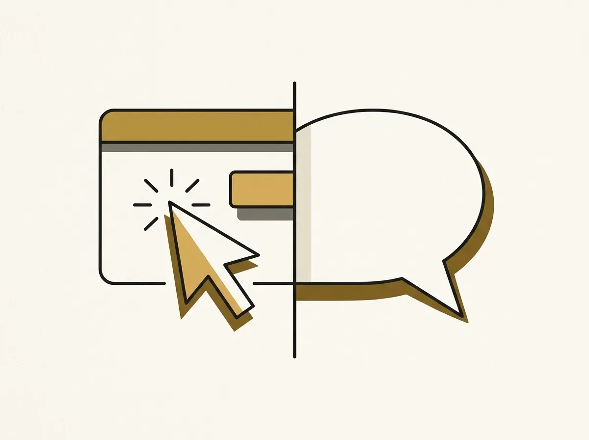 An illustration showing a mouse cursor clicking on one side and a speech bubble on the other, representing data vs. conversation.