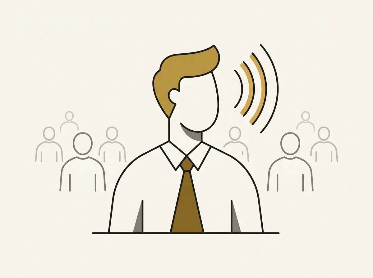 An illustration showing one large, loud person dominating a conversation with seven smaller, silent people in a focus group.
