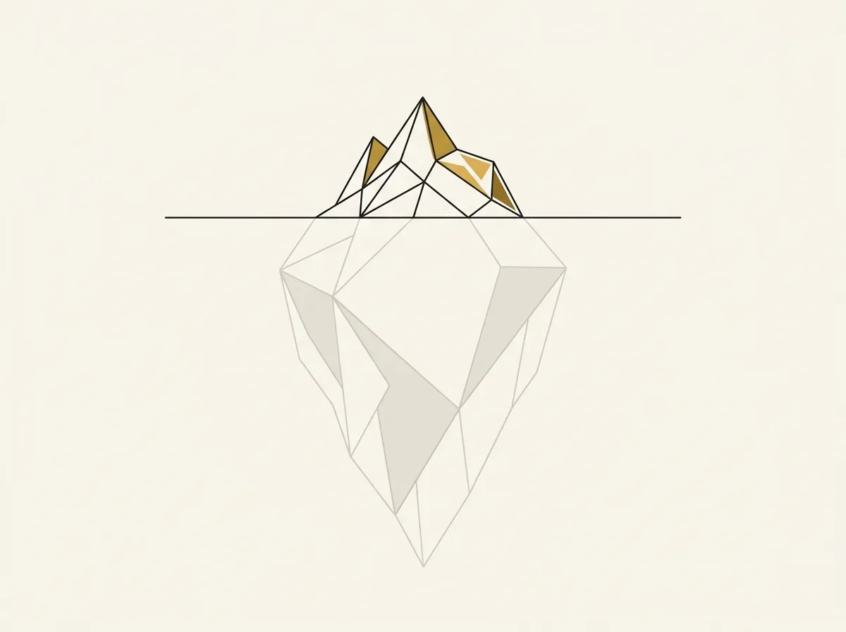 An illustration of an iceberg, with only its small tip visible above the water and its massive base hidden below.