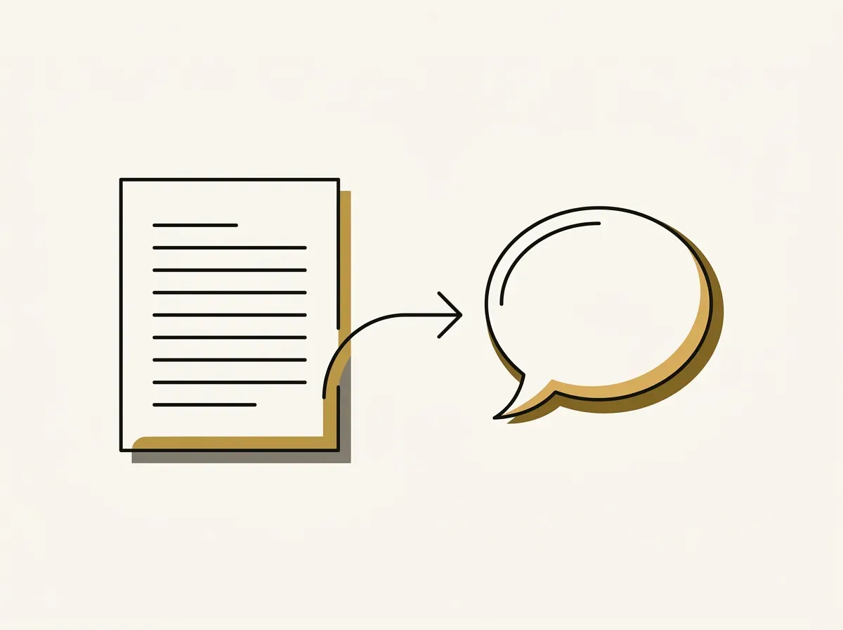 An icon of a text document with an arrow pointing to a speech bubble, representing a shift from typing to talking.
