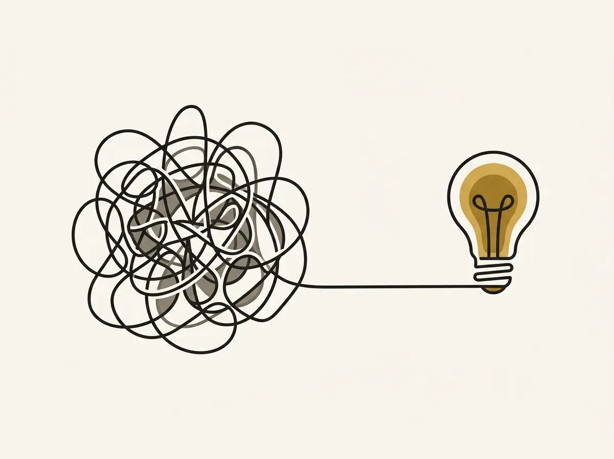 A tangled, confusing line next to a clear, straight line that leads to a lightbulb, showing a path from confusion to clarity.