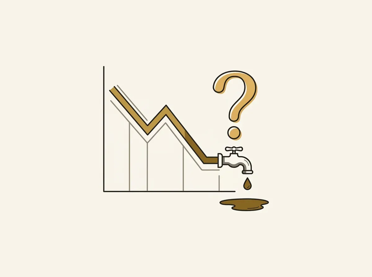 A line graph trends down, dripping into a puddle with a question mark above it, symbolizing an unknown cause for a data drop-off.