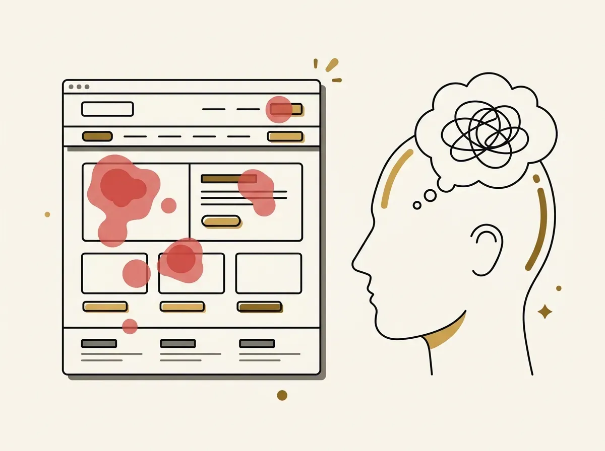 A heatmap on a webpage is shown next to a person's head with a confused scribble in a thought bubble, showing data without intent.