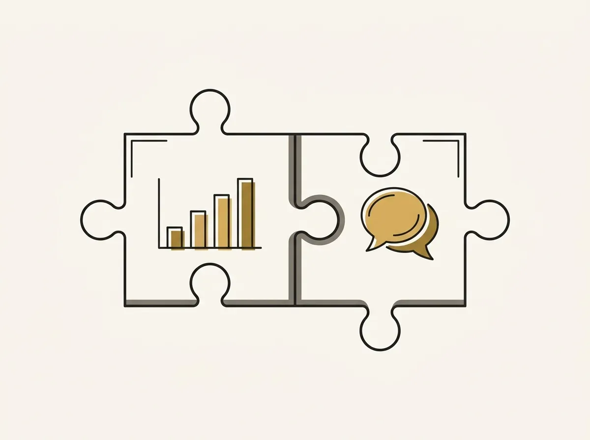 Two puzzle pieces fit together; one contains a bar chart icon and the other a speech bubble icon, symbolizing data and interviews.