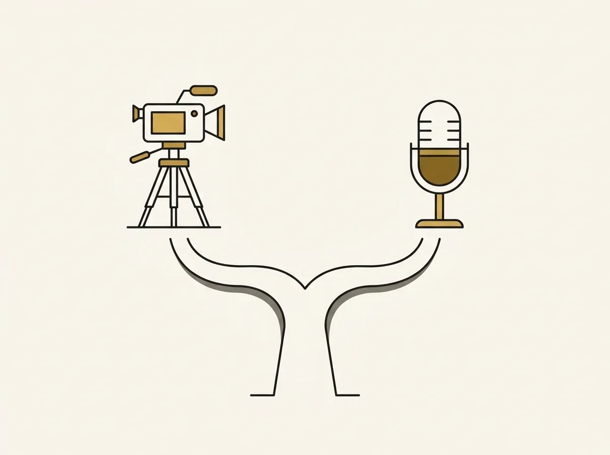 Illustration of a path splitting in two, one leading to a video camera and the other to a microphone.