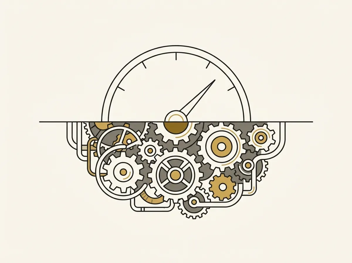 Line art of a simple gauge above a surface line with intricate gears and mechanisms hidden beneath.