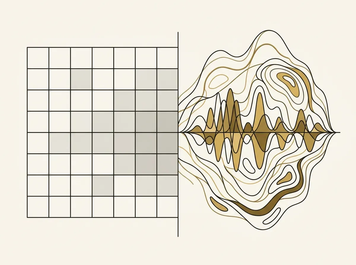 Minimal line art comparing a rigid empty grid with deep, flowing soundwaves.