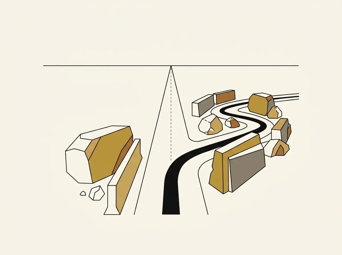 Line art showing a straight dotted trajectory diverging sharply around heavy geometric obstacles.