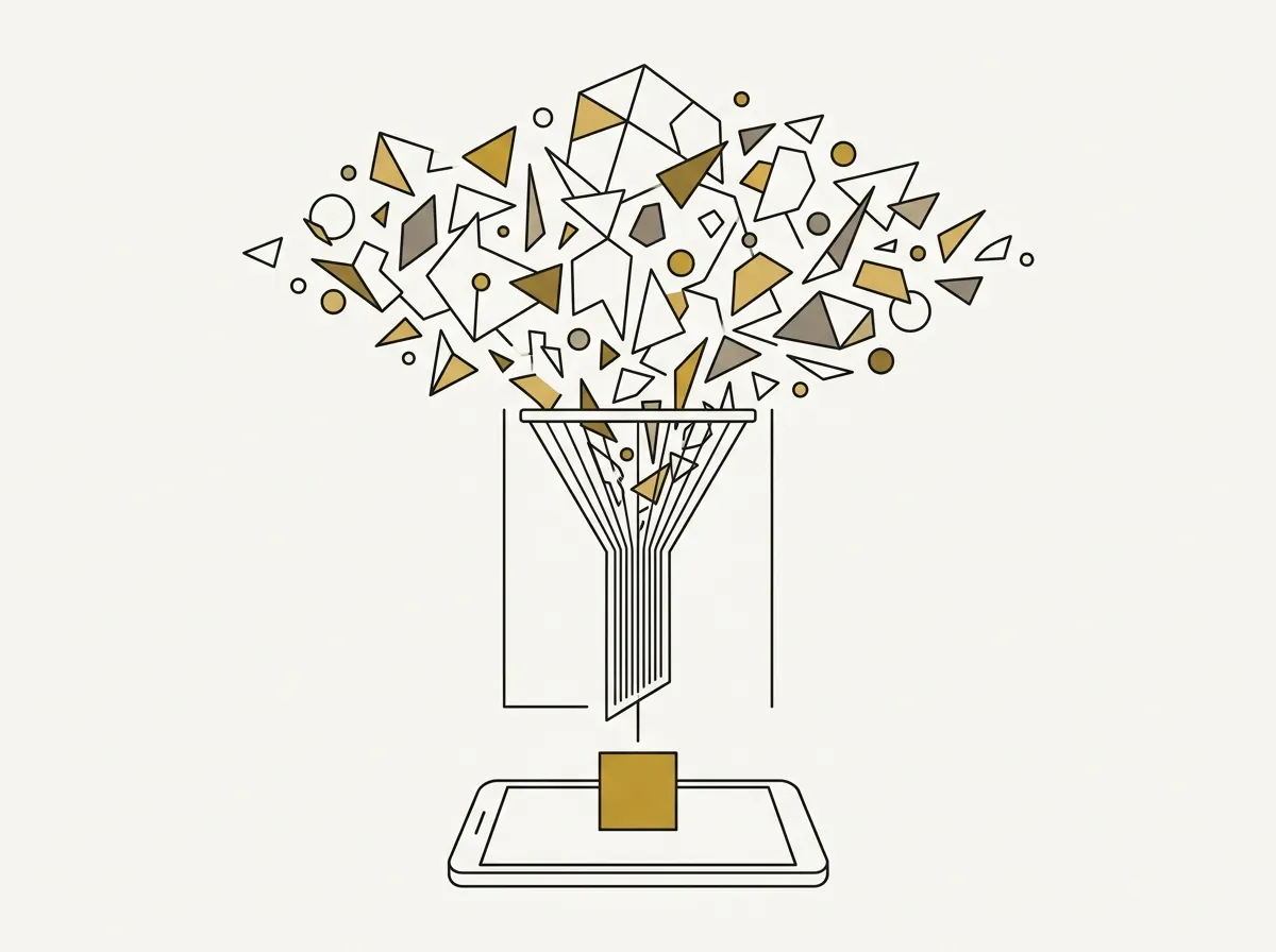 Line art of complex geometric shapes funneling into a tiny square on a digital screen.