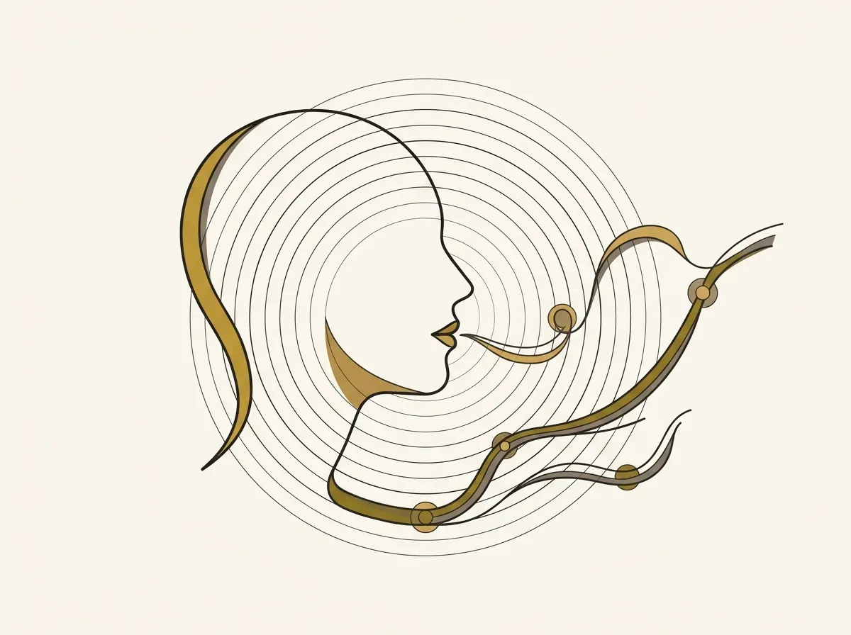 Minimalist line drawing of a speaking profile emitting sound waves that transform into an unfolding branched path.