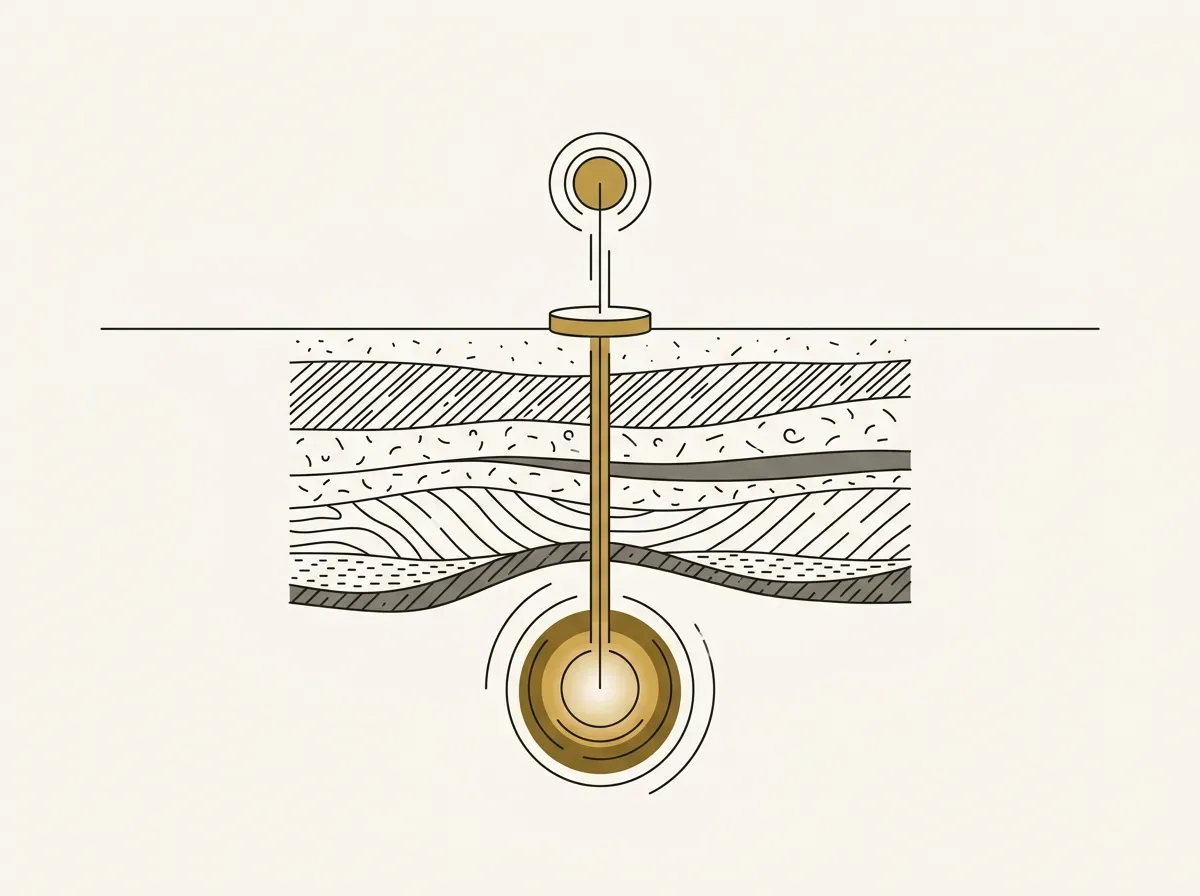 Line illustration of a probe sending an acoustic pulse down through deep layers to uncover a hidden core.