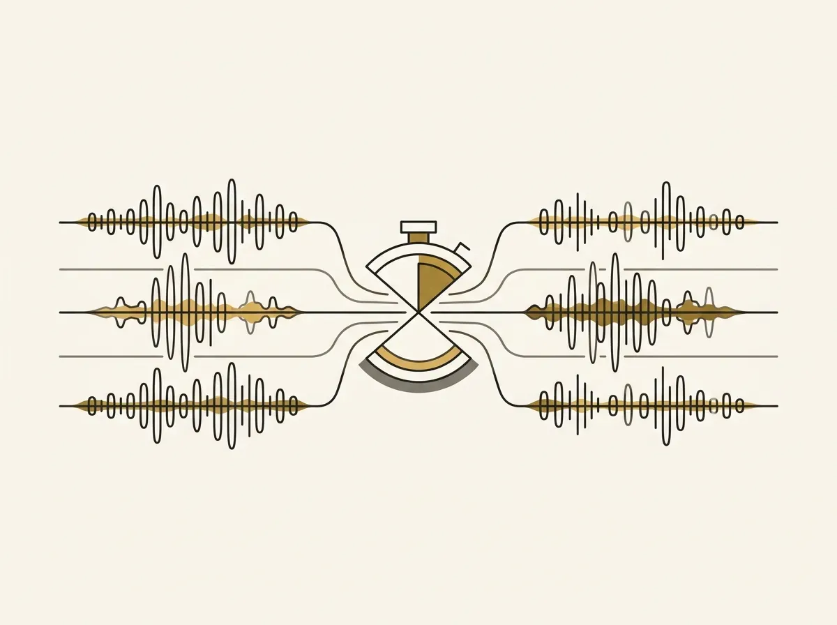 Minimal line art of a geometric timer splitting into multiple parallel sound waves.