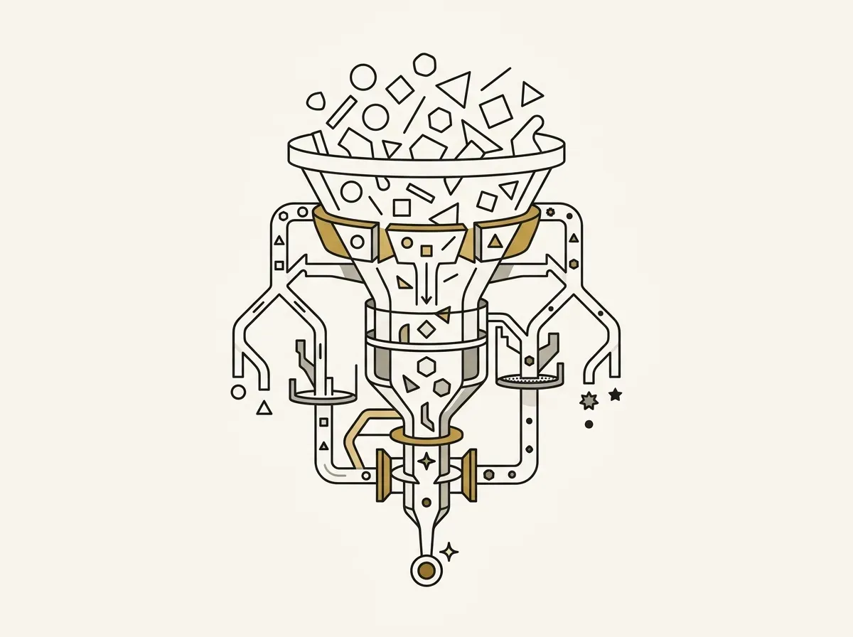 Minimalist line illustration of a geometric multi-stage screener funnel branching into a single path.