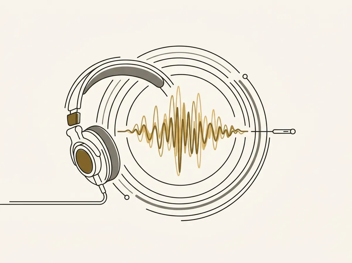 Line art of over-ear headphones and calibrated sound waves symbolizing live audio quality monitoring.