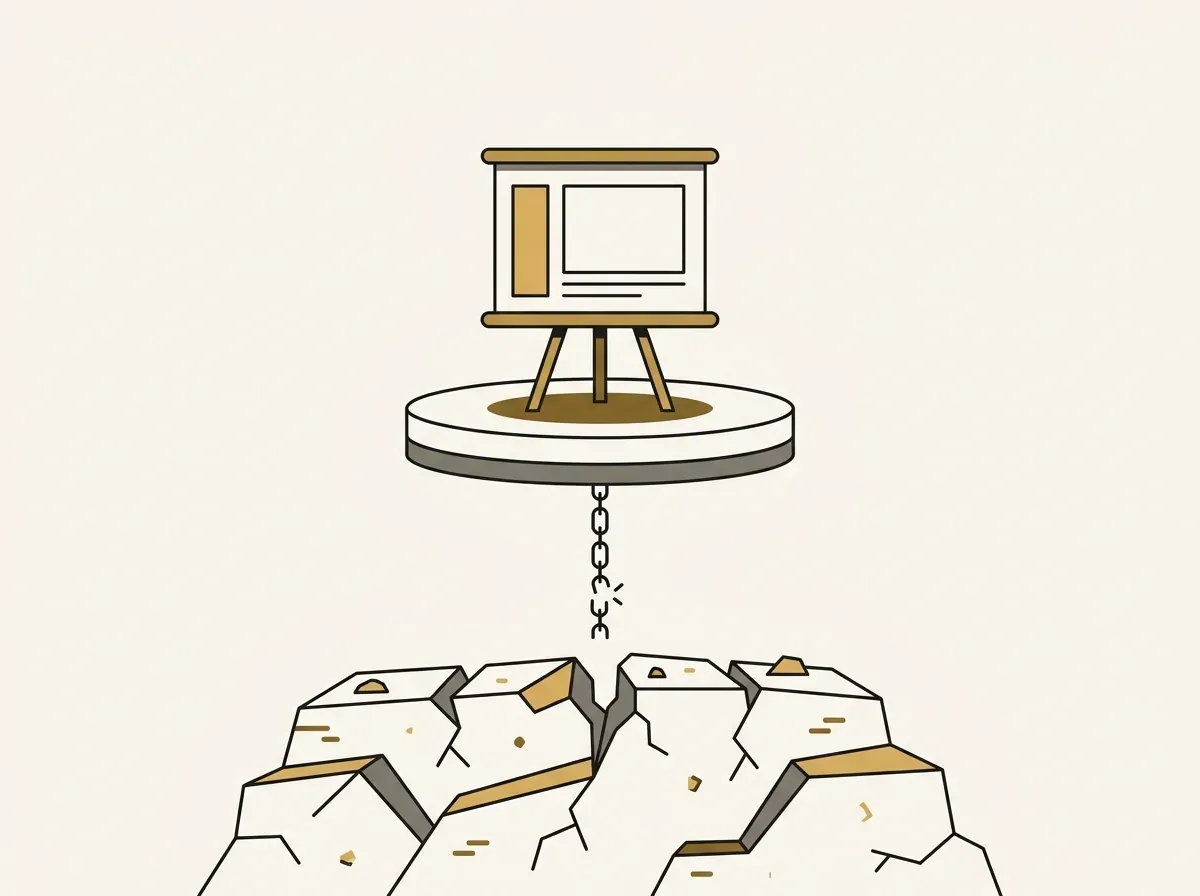 Minimal line art showing a severed link between an elevated presentation easel and foundational strata.