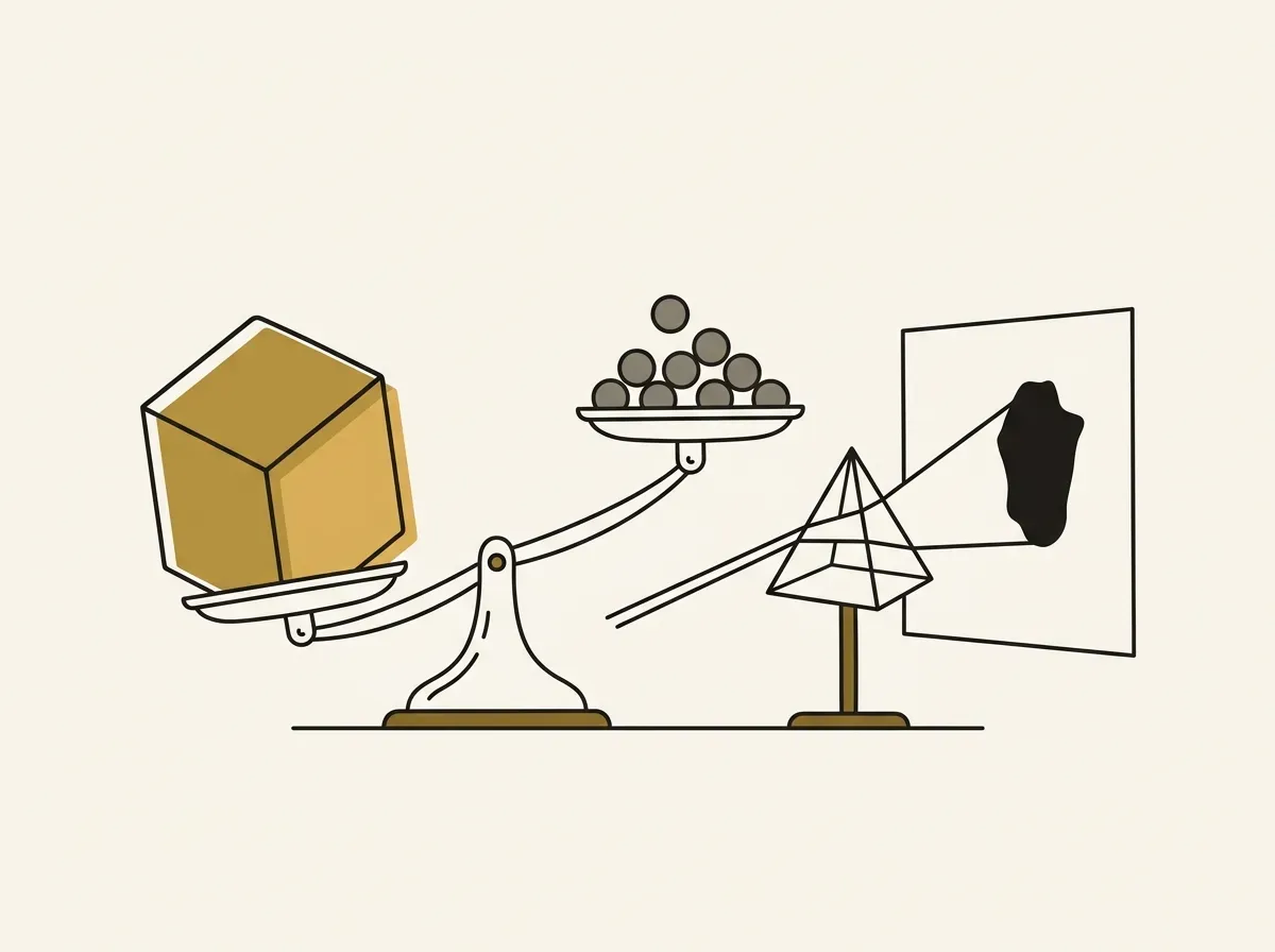 Minimal line art of an uneven balance scale and an optical prism projecting a distorted shadow.