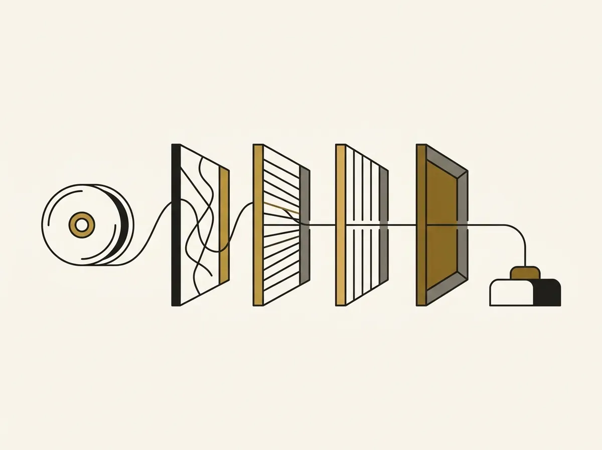 Minimal line art of a single thread running sequentially through four geometric filter frames.