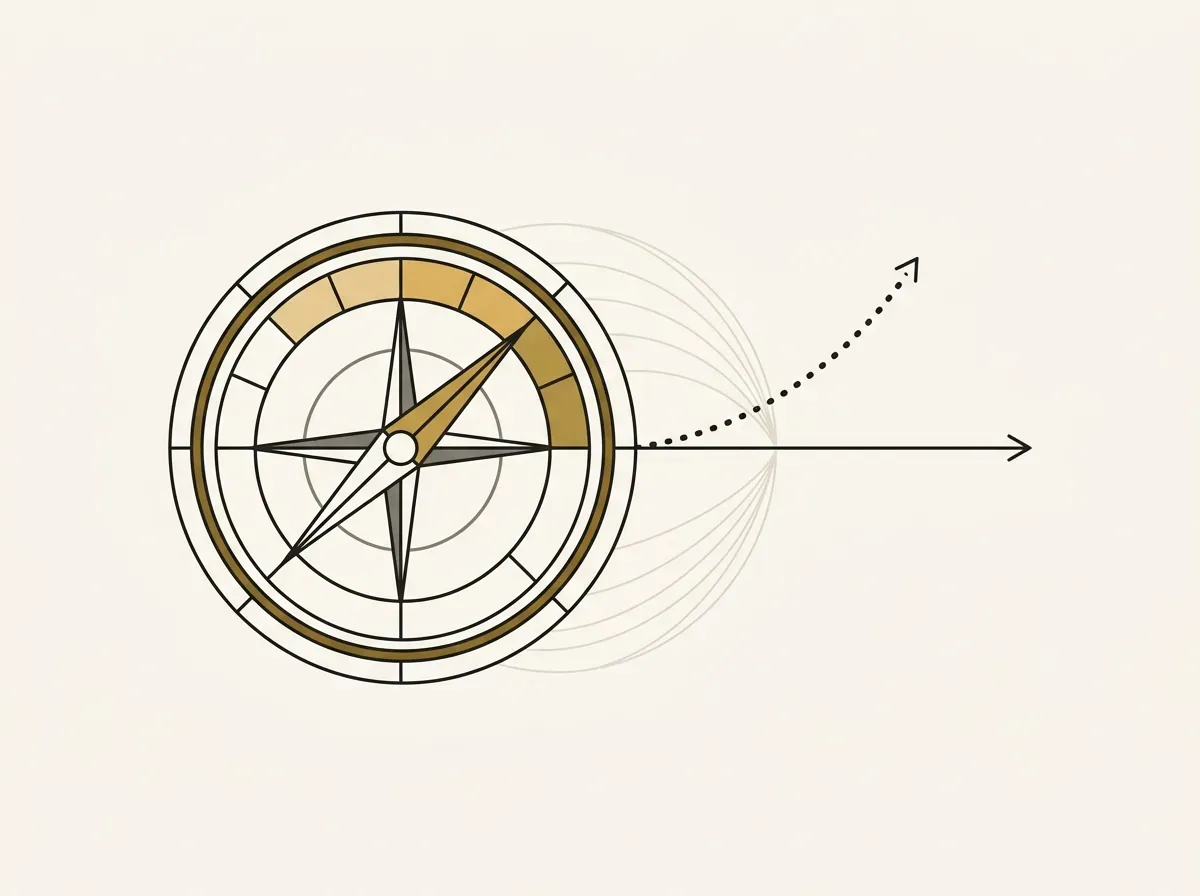 Minimalist line drawing of a compass needle gently diverted off course by an invisible curved pull.