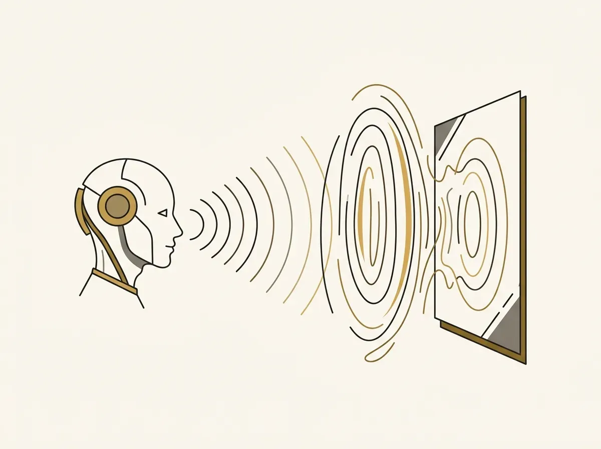 Minimal line art showing sound waves bouncing off a surface and returning exaggerated in an echo chamber.