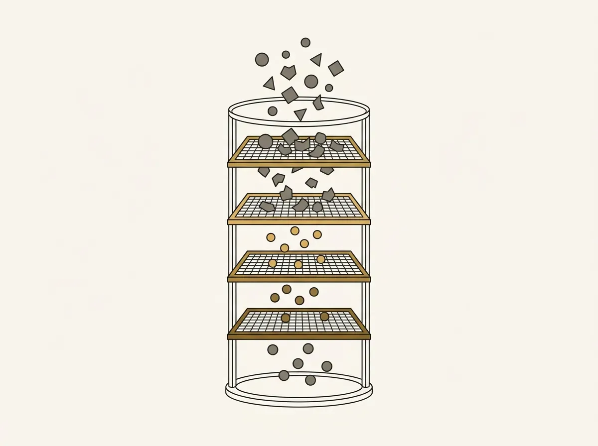 Line art of a four-tier vertical sieve filtering out irregular geometric shapes while smooth spheres pass through.