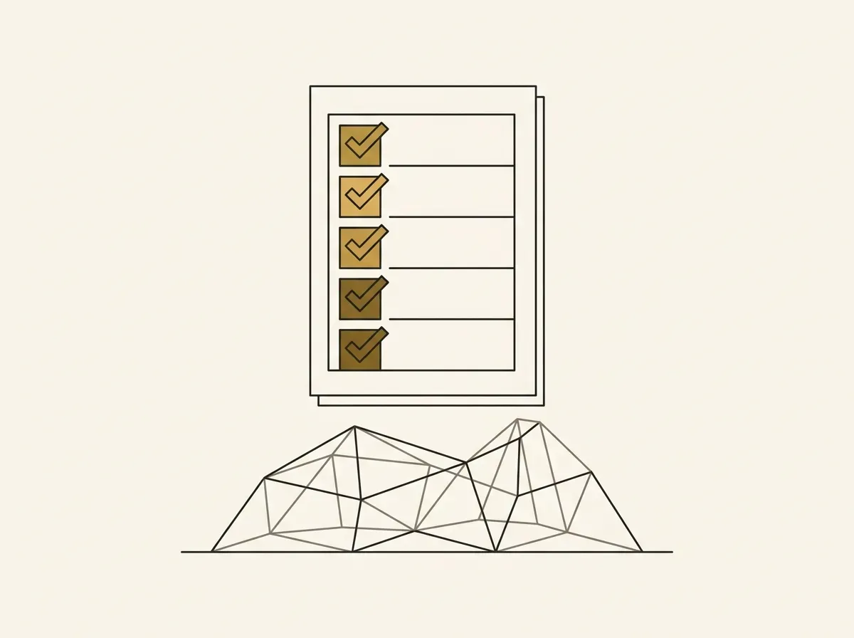 Line illustration of a checklist clipboard supported by a hollow, fragile wireframe structure.