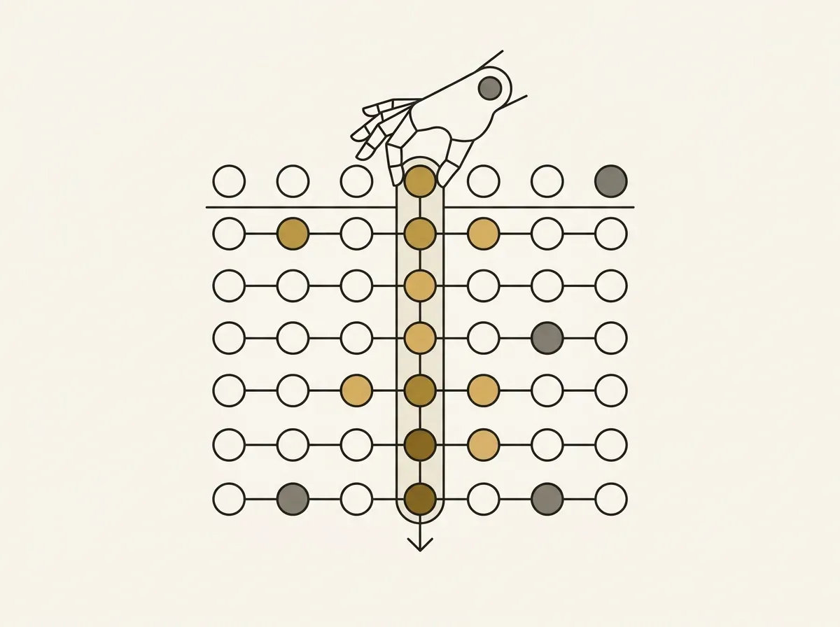 Minimal line drawing of a rigid, repetitive column of identical selections across a grid.