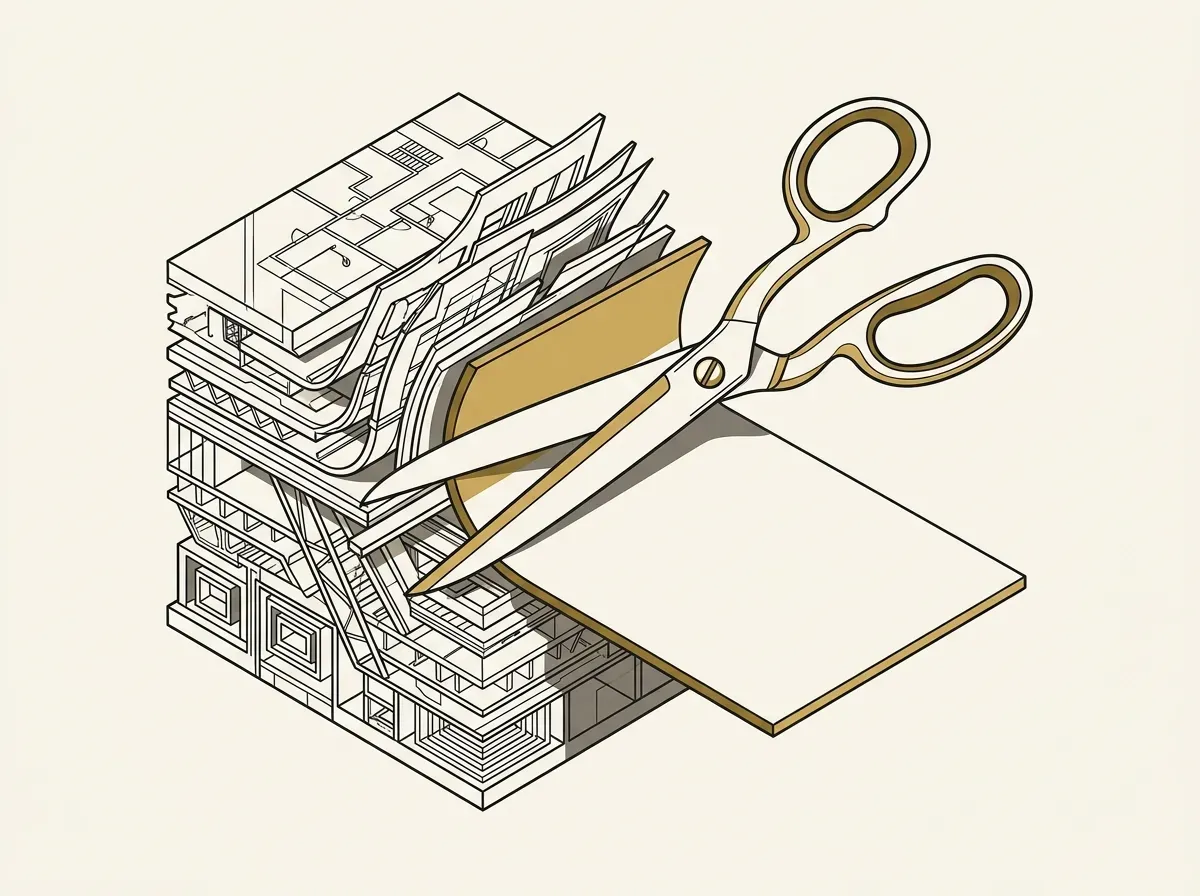 Editorial line art showing detailed multi-layered diagrams cut down to a flat, blank shape.