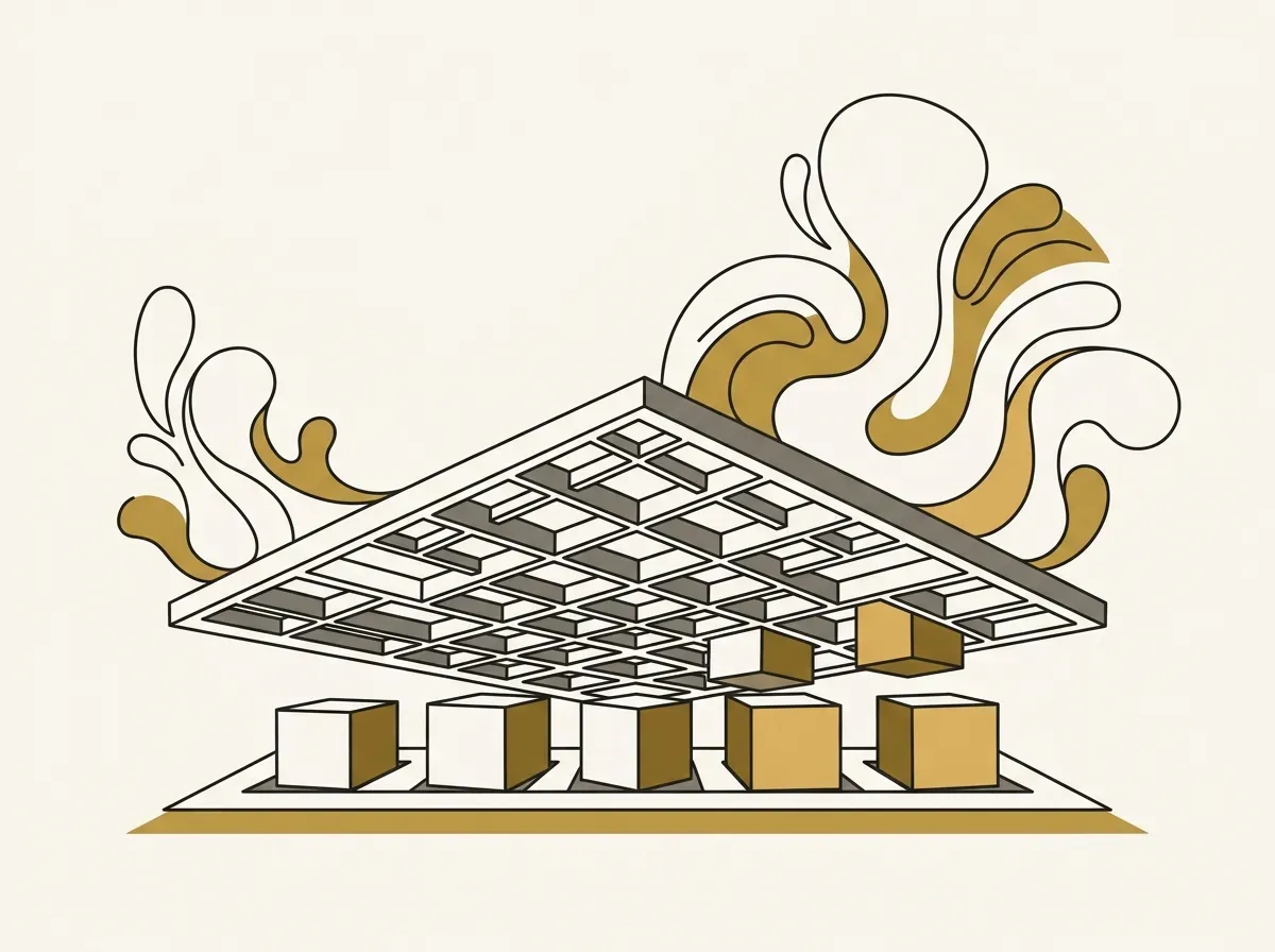 Minimal line illustration of a low grid ceiling trapping uniform blocks while fluid shapes bloom outside.