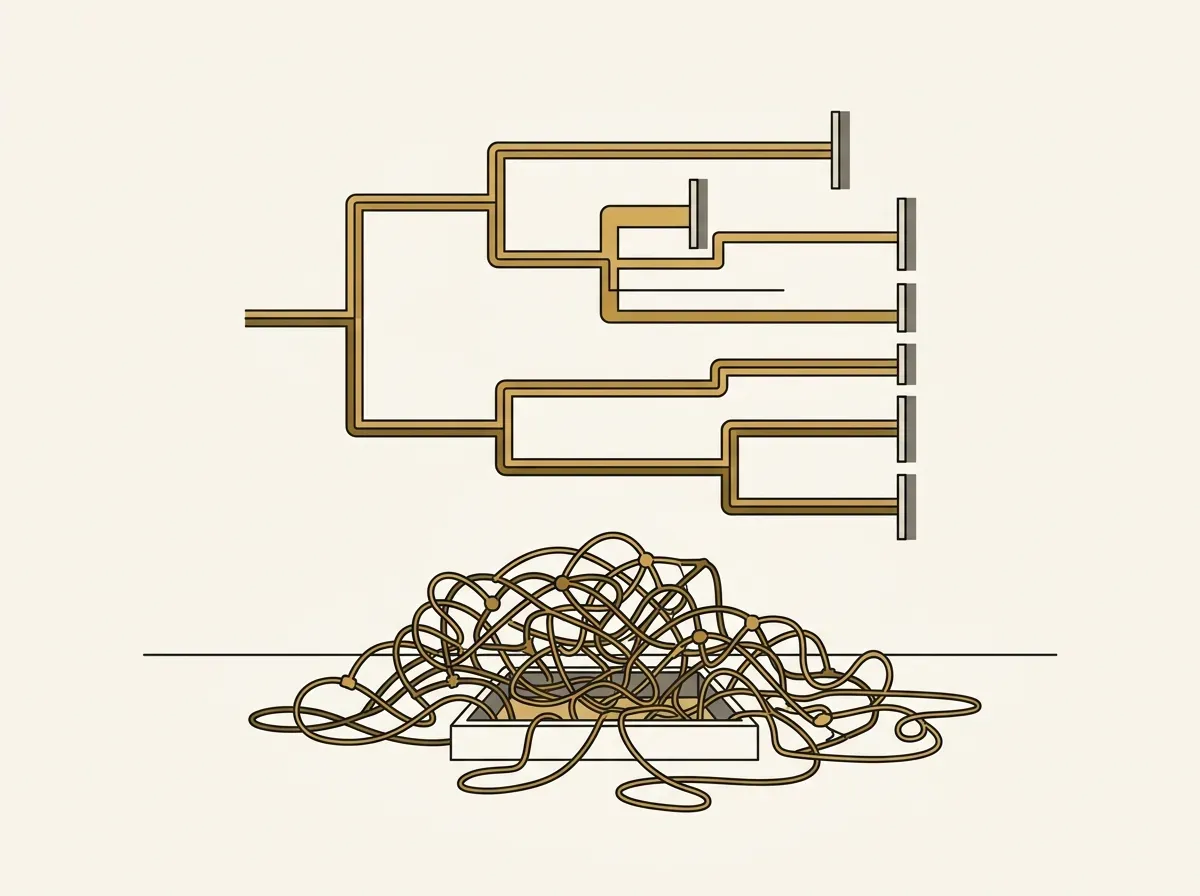 Line drawing of branching pathways hitting walls and a small container overflowing with intricate lines.