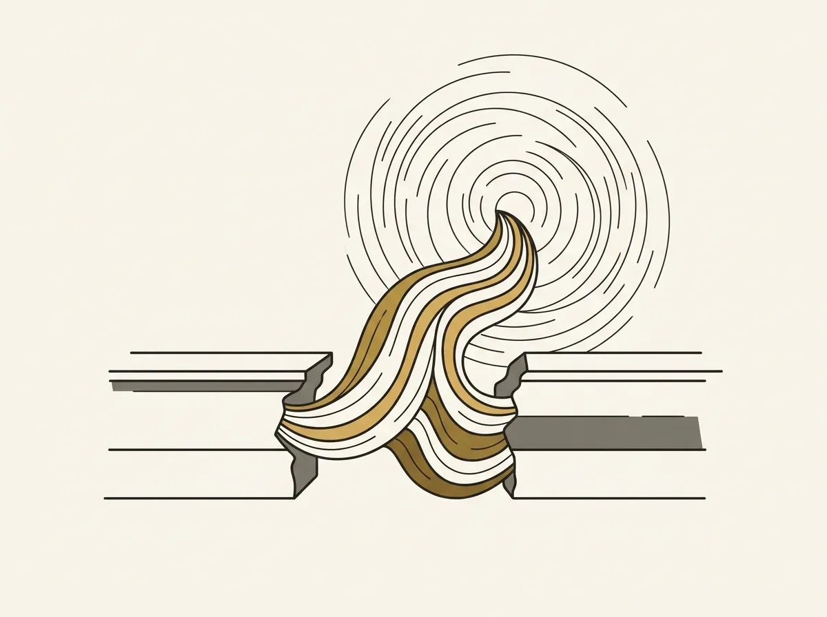 Minimal line art of rhythmic voice waves rising freely through a split ceiling barrier into open space.