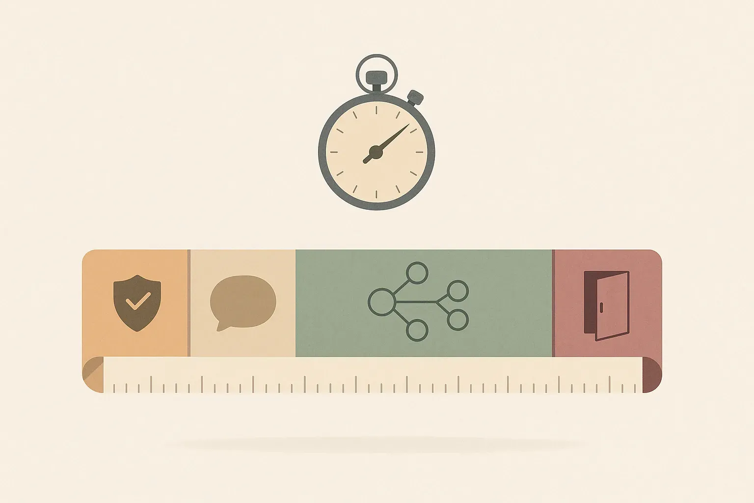 A segmented timeline ribbon with a stopwatch above it, showing four unequal sections of a 45-minute interview guide.